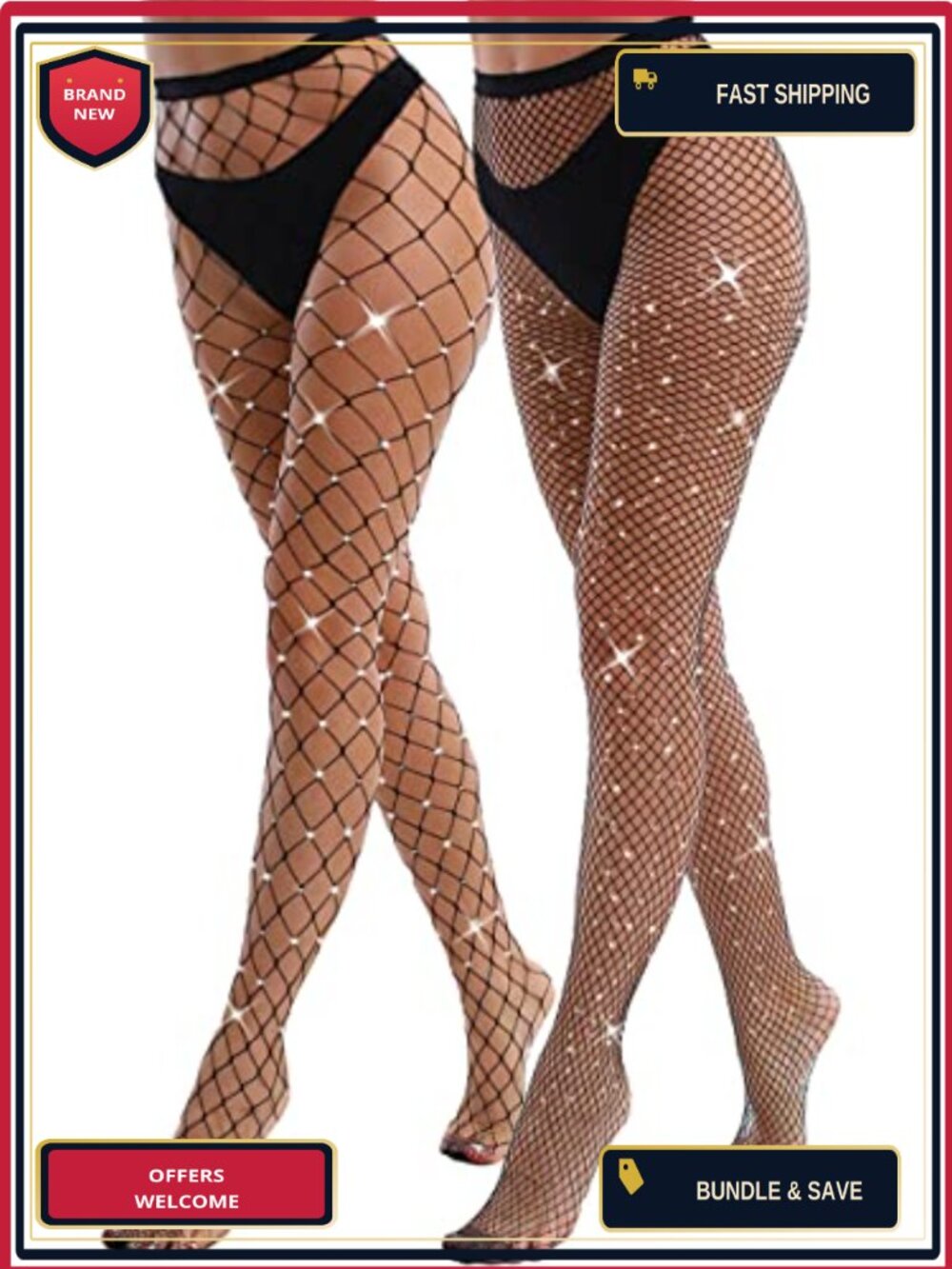 2 Pack Sparkly Fishnet Tights High Waist Rhinestone Mesh Stockings